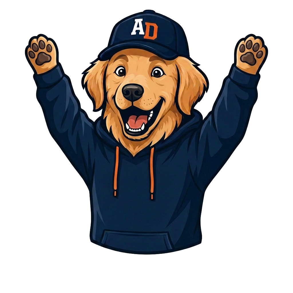 Ace the golden retriever mascot cheering with both paws in the air