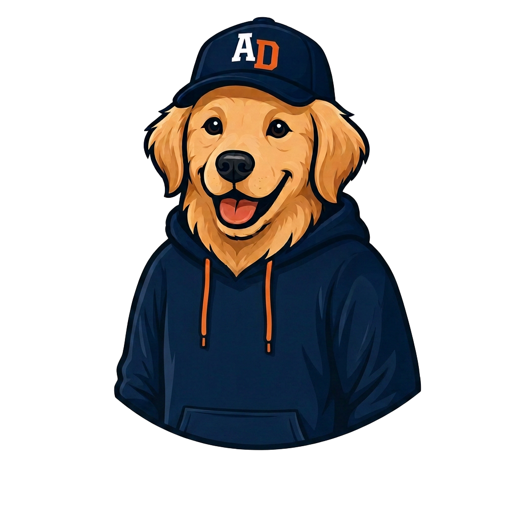 Ace the golden retriever mascot in his cap and hoodie