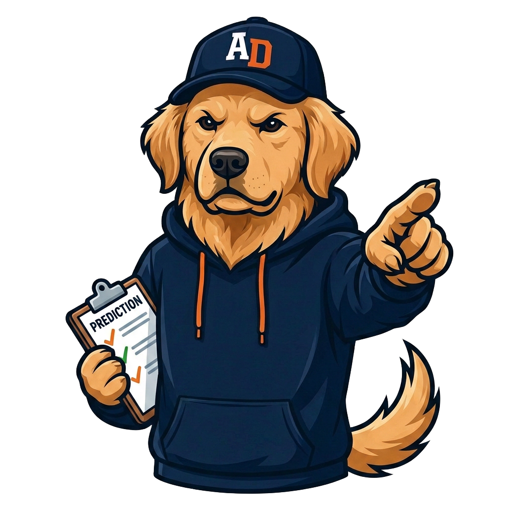 Ace the golden retriever mascot holding a prediction clipboard and pointing ahead